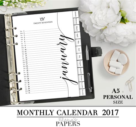 Printable Monthly Calendar 2017 For You A5 And Personal Planner Page