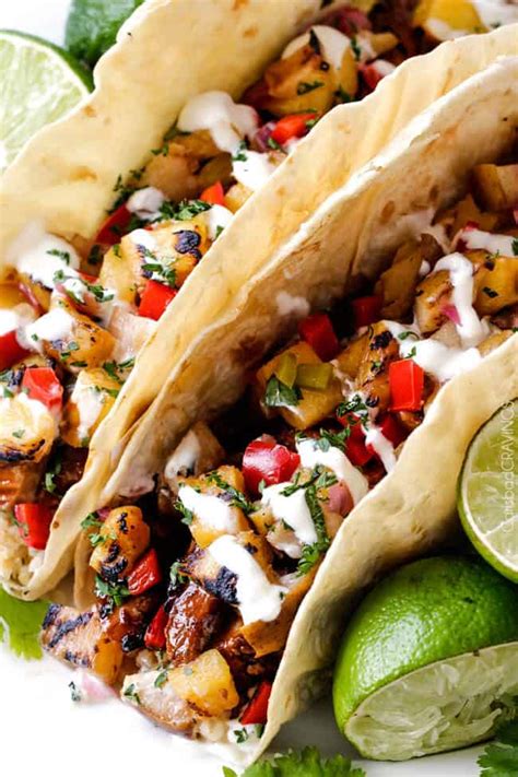 For this recipe i'm using boneless, skinless chicken thighs in a cilantro lime marinade, seasoned and cooked fast over charcoal. AMAZING Teriyaki Chicken Tacos with Grilled Pineapple Pear ...