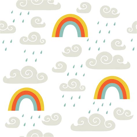Pattern With Rainbows And Clouds In Flat Style Hand Drawn Vector