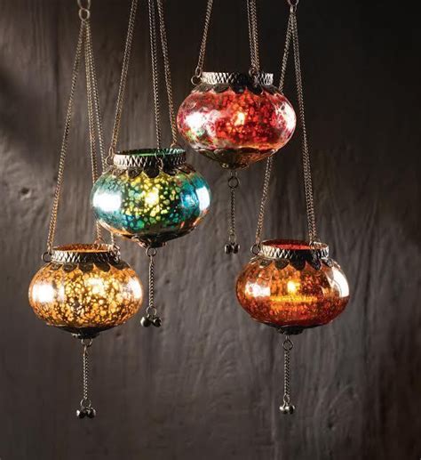 Moroccan Vintage Hanging Crackle Silver Chain Glass Lantern Tealight