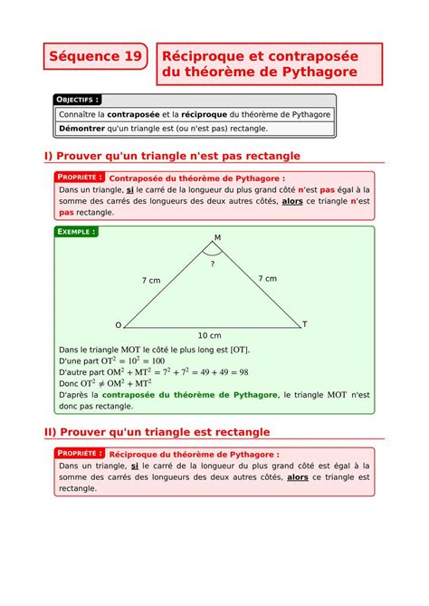 Séquence 11 Réciproque Et Contraposée Du Théorème De Pythagore 4f Et