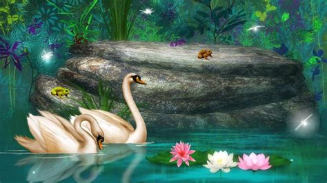 Animal Swan Frog Rock Lotus Flower Pond Forest Artistic Wallpaper