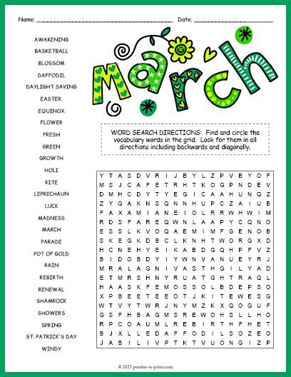 Free Printable March Word Search March Lesson Plans Word Find March