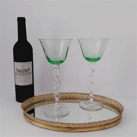 Green Wine Glasses With Hand Blown Glass Clear Twisted Stem 9 5 Inch Tall Wedding Housewarming