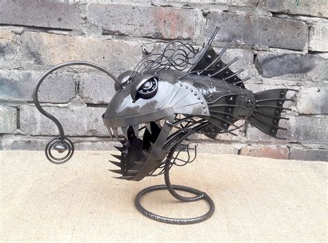 Metal Sculpture Night Light Angler Fish Led Lights Steampunk Etsy