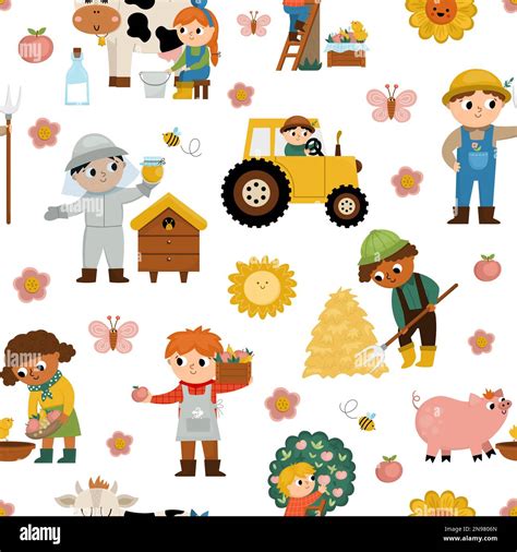 Vector Seamless Pattern With Farmers Repeat Background With Cute Kids