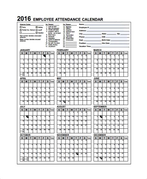 Calendar Free Printable Attendance