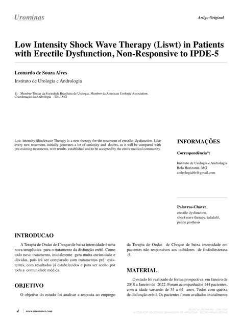 Pdf L Low Intensity Shock Wave Therapy Liswt In Patients With Erectile Dysfunction Non