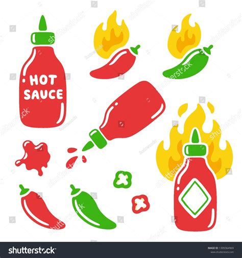 Hot Sauce Bottles And Chili Peppers Cartoon Illustration Set Simple And Cute Drawing Collection