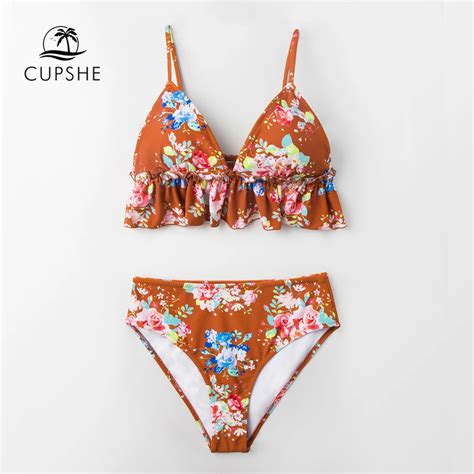 buy cupshe caramel floral blossom ruffled bikini sets women sexy two pieces