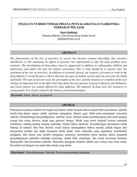 Pdf Tinjauan Yuridis Tindak Pidana Penyalahgunaan Narkotika Terhadap