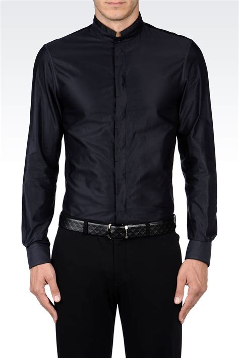Emporio Armani Slim Fit Mandarin Collar Shirt In Poplin In Black For