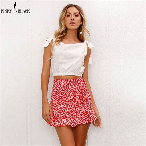 Pinkyisblack Red Wrap Skirts Womens Floral Print Summer Style Mini