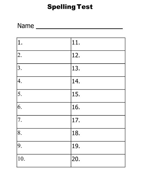 Spelling Test Template 20 Words