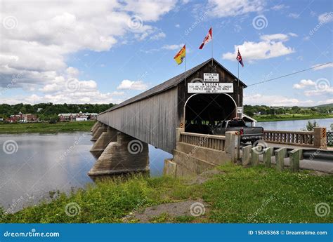 Covered Bridge Over River Stock Photo Image Of Flags 15045368