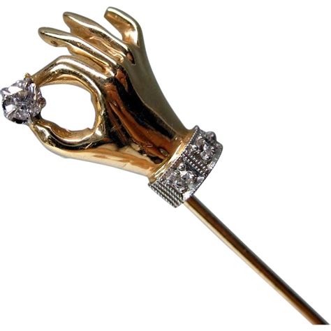 Vintage 14k Diamond And Gold Hand Stick Pin With Cuff From