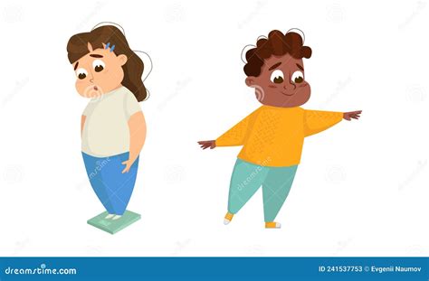 Cute Overweight Girl Boy Children Obesity Concept Cartoon Vector