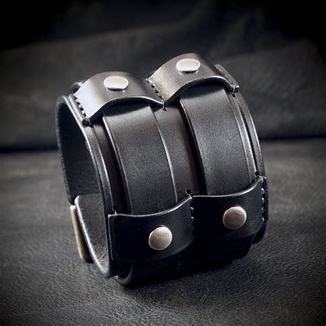 Black Leather Cuff Bracelet Bridle Leather Wristband Double Buckle