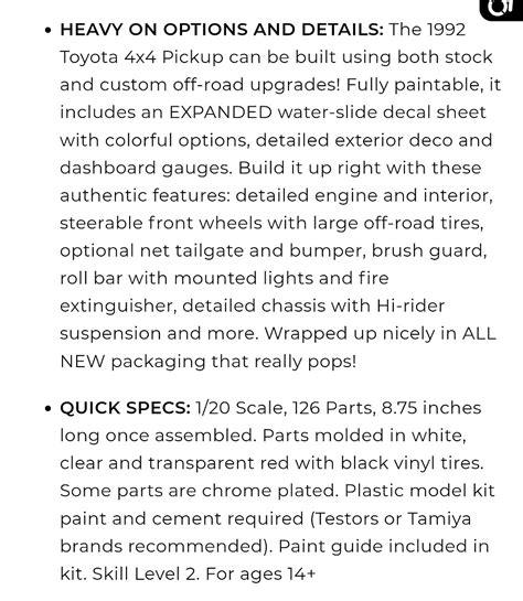 92 Toyota 4x4 Pickup Plastic Model Truck Kit 120 Scale 1425