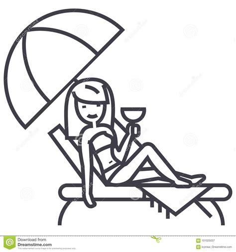 Woman Relaxing On Beach In Sunbed And Umbrella With Coctail Vector Line