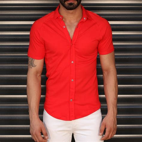 men s button short sleeve muscle fit shirt in red