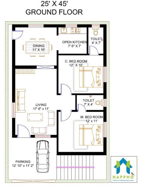2 Bhk Floor Plan For 1125 Sqft Plot Area 125 Sq Yards 20x30 House