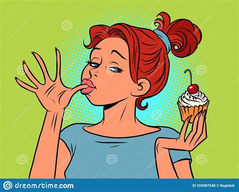 A Woman Eats A Sweet Licks Her Fingers Ice Cream Stock Vector