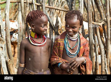 Africa Ethiopia Omo River Valley South Omo Hamer Tribe Two Young Hamer Girls Posing Shyly