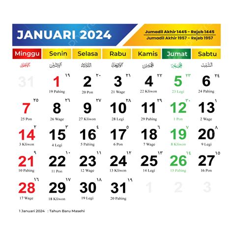 Kalender Januari Lengkap Dengan Tanggal Merah Dan Hari Libur Vektor Kalender