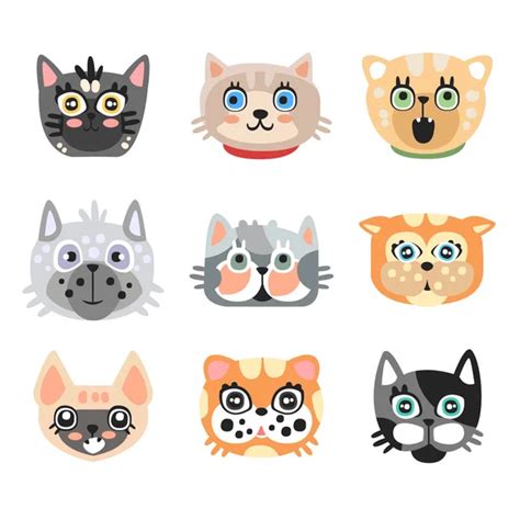 Set Of Funny Cartoon Cats Heads Cats Different Breeds Colorful