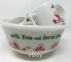 Vintage Tom And Jerry Holiday Milk Glass Punch Bowl Set Hazel Atlas