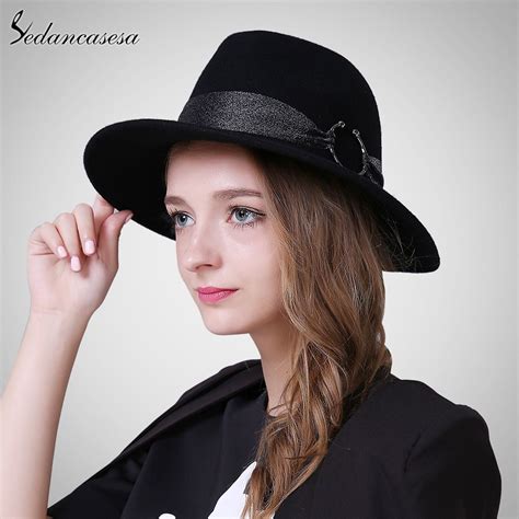 Fedora Hat Female Winter Autumn England Wool Felt Hat Wide Brim Vintage With Black Jazz Hat