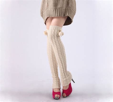 Fashion Knit Long Super High Thigh Cream Leg Warmer With Tie Balls