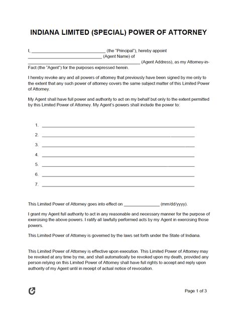 Free Indiana Limited Power Of Attorney Form Pdf Word Rtf