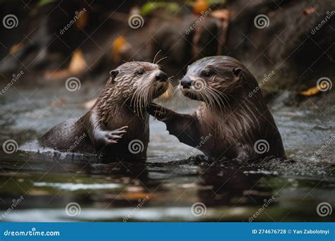 A Pair Of River Otters Holding Hands While Swimming In A Stream