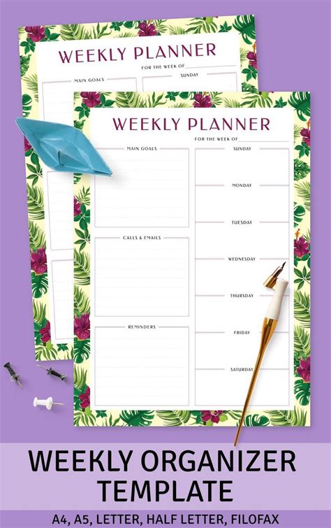A Weekly Planner With An Umbrella And Flowers On It Next To The Words