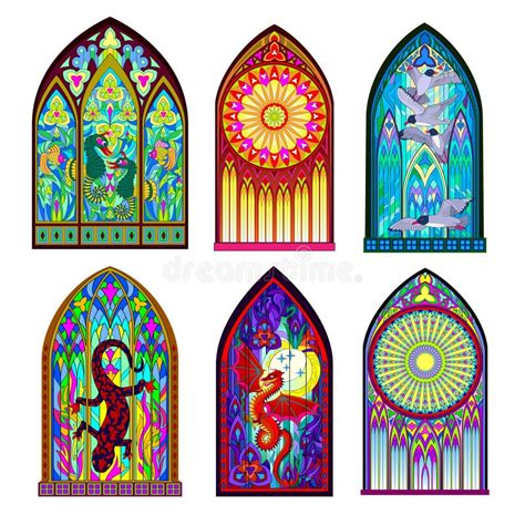 Gothic Windows Set Vintage Stained Glass Church Frames Element Of