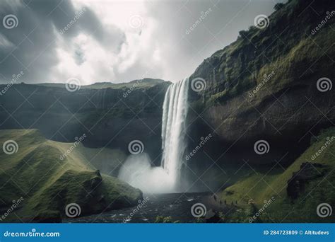 Majestic Waterfall With Misty Clouds In The Sky Stock Image Image Of