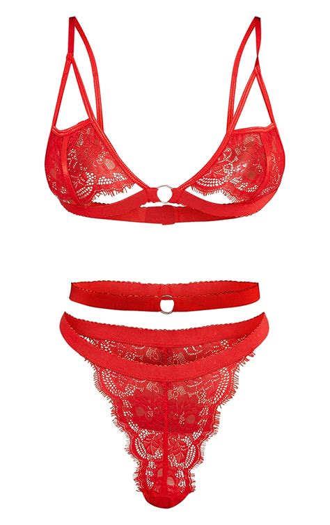 Red Triangle Lace Cut Out Lingerie Set Prettylittlething Aus