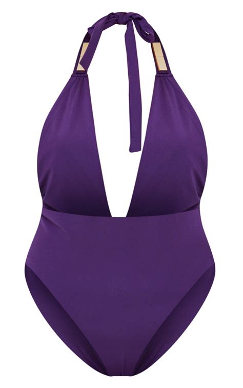 Plus Purple Metal Trim Halterneck Swimsuit Prettylittlething Usa