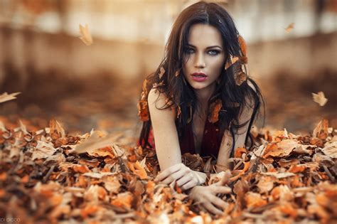 Wallpaper Face Fall Leaves Women Outdoors Model Depth Of Field