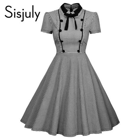 sisjuly vintage autumn women dress 1950s with gray and white plaids a line dress button bow