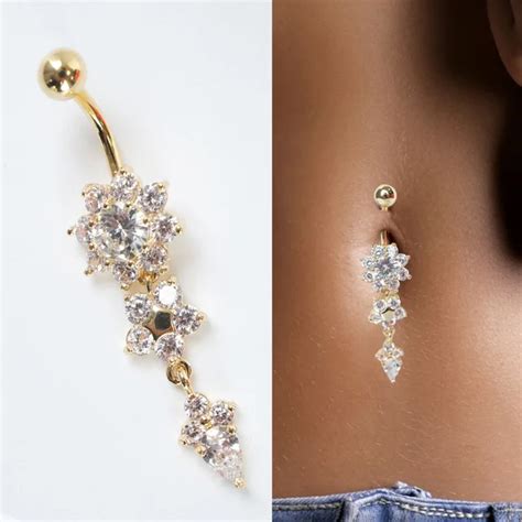 Msx Fashion Navel Piercing Rhinestone Jewely Flower Dangle Navel Nail Belly Button Ring Sexy