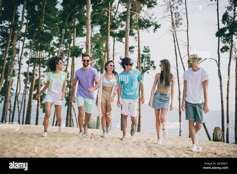 full body photo of company peaceful friendly people hold arms walk sand beach outdoors stock