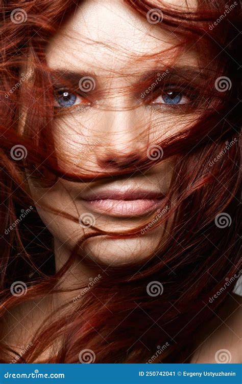 Beautiful Young Woman With Curly Red Hair And Blue Eyes Beauty Close Up Portrait Stock Image