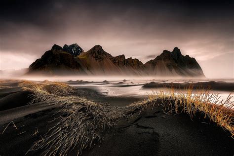 Black Sand Iceland Stokksnes Sea Ocean Island Beach Grass Wallpaper