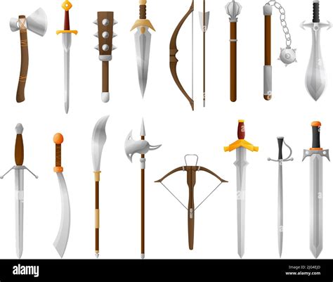 Cartoon Medieval Weapon Old Sword Bow And Axe Fantasy Knight Battle