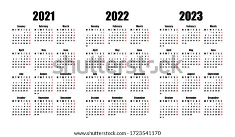 Calendar 2021 2022 2023 Week Starts Stock Vector Royalty Free