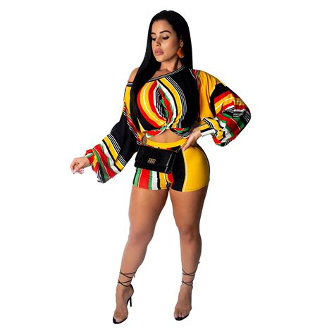 2019 Plus Size Xxxl Pair Of Striped Long Sleeve Shorts With Bubble Sleeves Two Piece Set Women