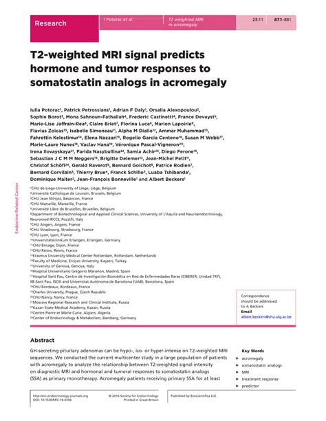 pdf t2 weighted mri signal predicts hormone and tumor responses to somatostatin analogs in